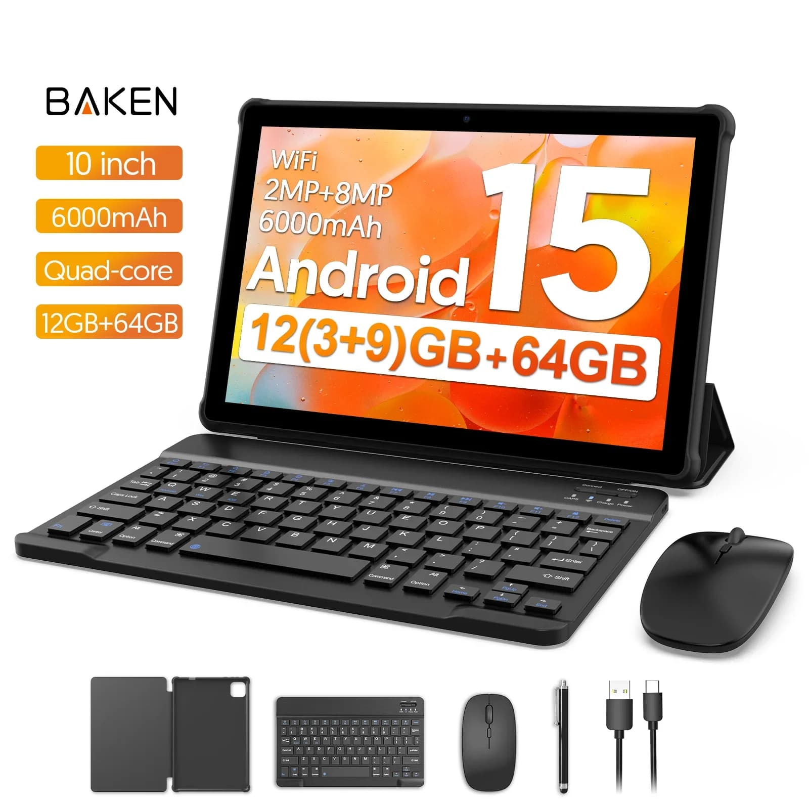 Tablet BAKEN Android 15, 10 inches, 12 (3+9) GB of RAM + 64 GB of ROM, quad-core, 6000 mAh battery, includes a free protective case