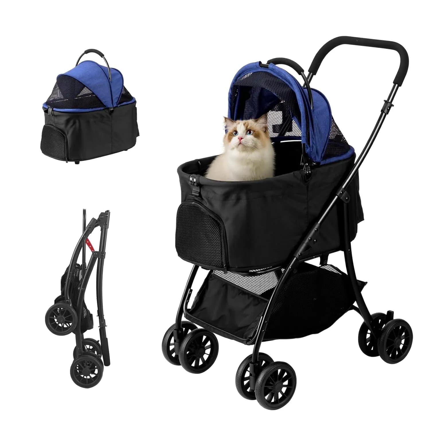 Pet Stroller Quickly Folds for Easy Storage Cat Stroller with Detachable Carrier Thickened Oxford Cloth Breathable Basket Dog St