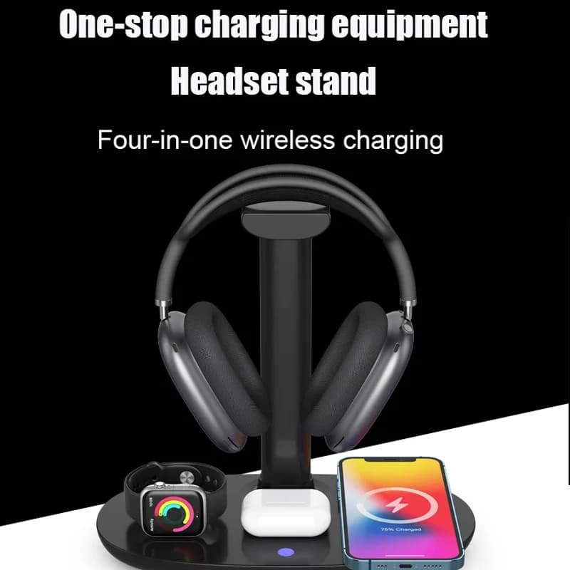 Supporto per cuffie 4 in1 per Airpods Max Supporto per cuffie staccabile Gancio Caricatore wireless per orologio da telefono IOS Auricolare Bluetooth
