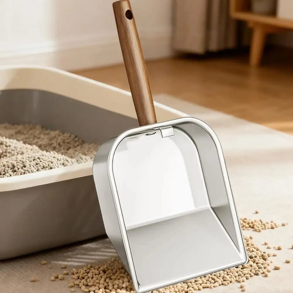 Paletta per lettiera per gatti in acciaio inossidabile con manico in legno, design cavo, superficie antiaderente, facile da pulire