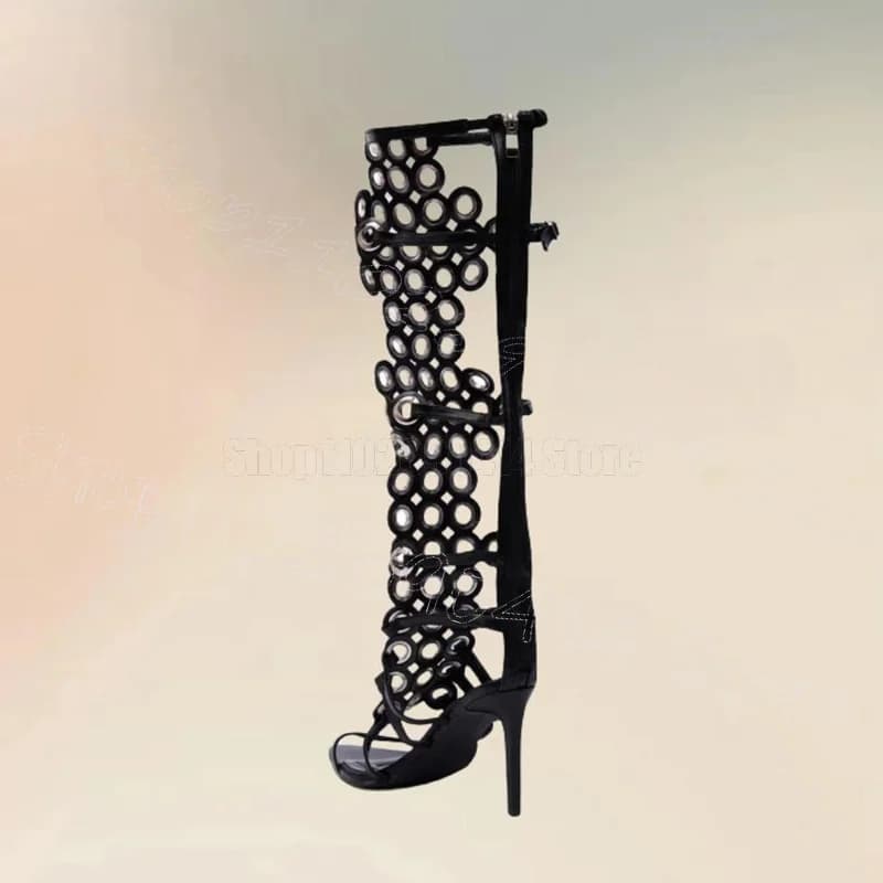 Sandali Stivaletto Neri con Design a Cerchio in Metallo, Punta Aperta, Cerniera Posteriore, Scarpe da Donna con Tacco Alto Sottile per Feste e Banchetti 2026 Zapatos Para Mujeres