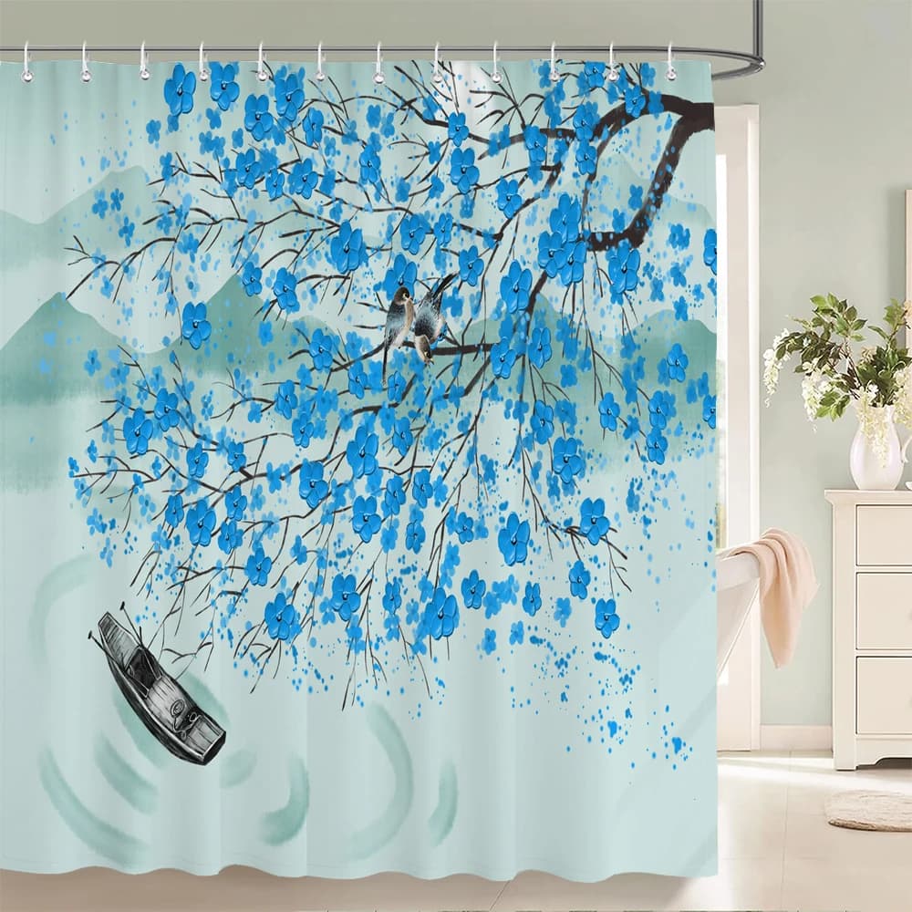 Chinese Ink Style Blue Plum Blossom Bird Print Shower Curtain Waterproof Polyester Fabric Bathroom Curtain With Hooks Quick Dry