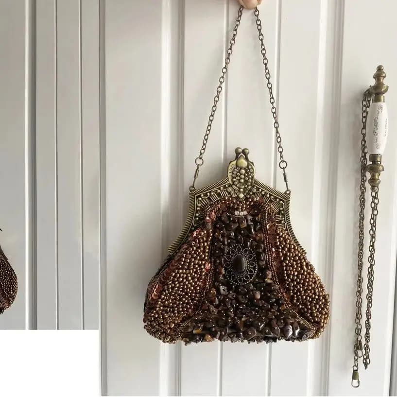 Lost in Vintage Evening Handbag Beaded Pattern Gold Rose FramClutch Purse with 2 detachable Removalbe Shoulder Chain Party