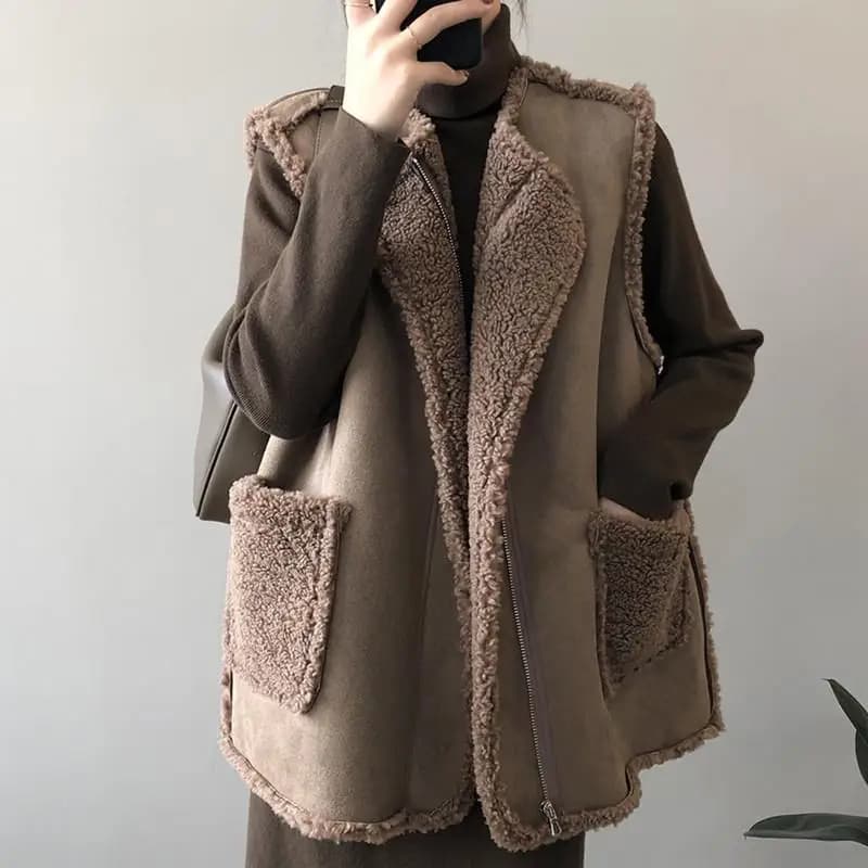 Donne Shearling Gilet Cappotti Giacca in pelle scamosciata reversibile Solido O Collo Tasca con cerniera Allentato Spessore Casual Office Lady 2025 Autunno Inverno