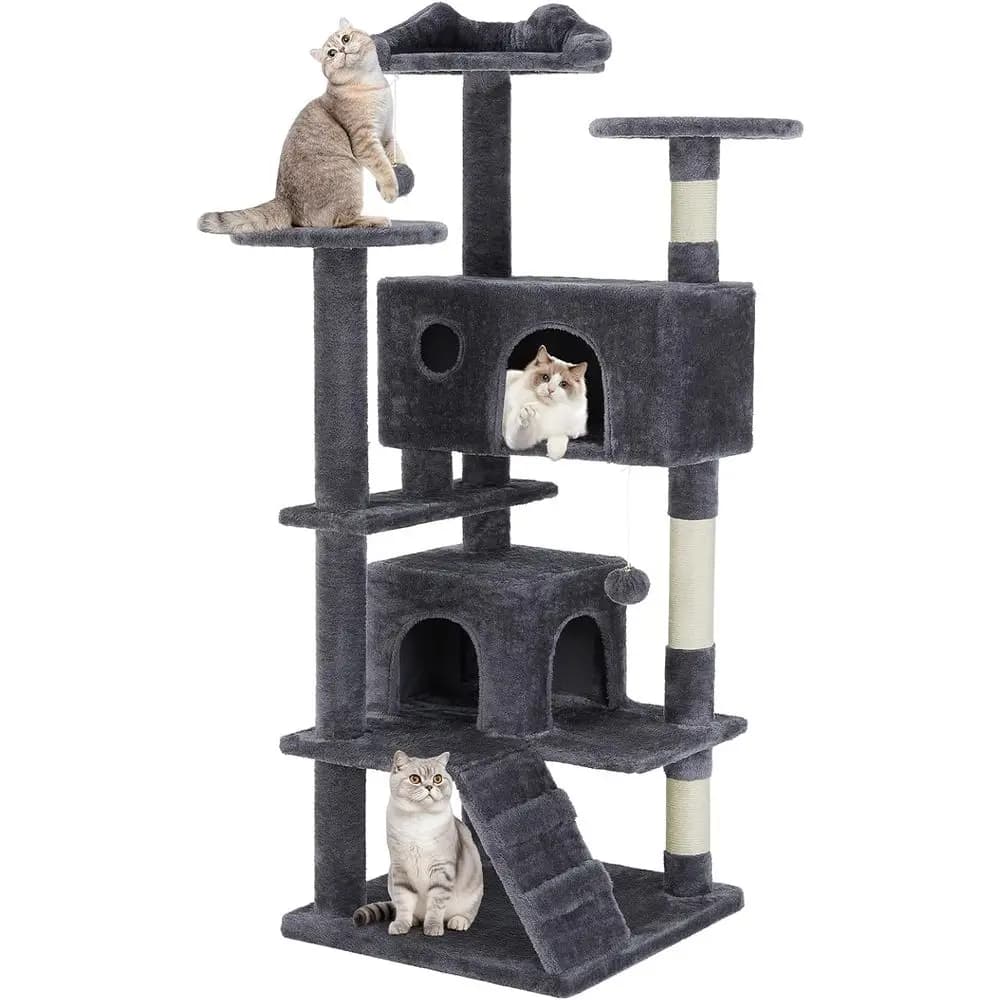 54 Inch Cat Tree Tower with Scratching Posts, Grey | Multi-Level Pet House for Large Cats with 2 Condos, Scratching Posts, Round