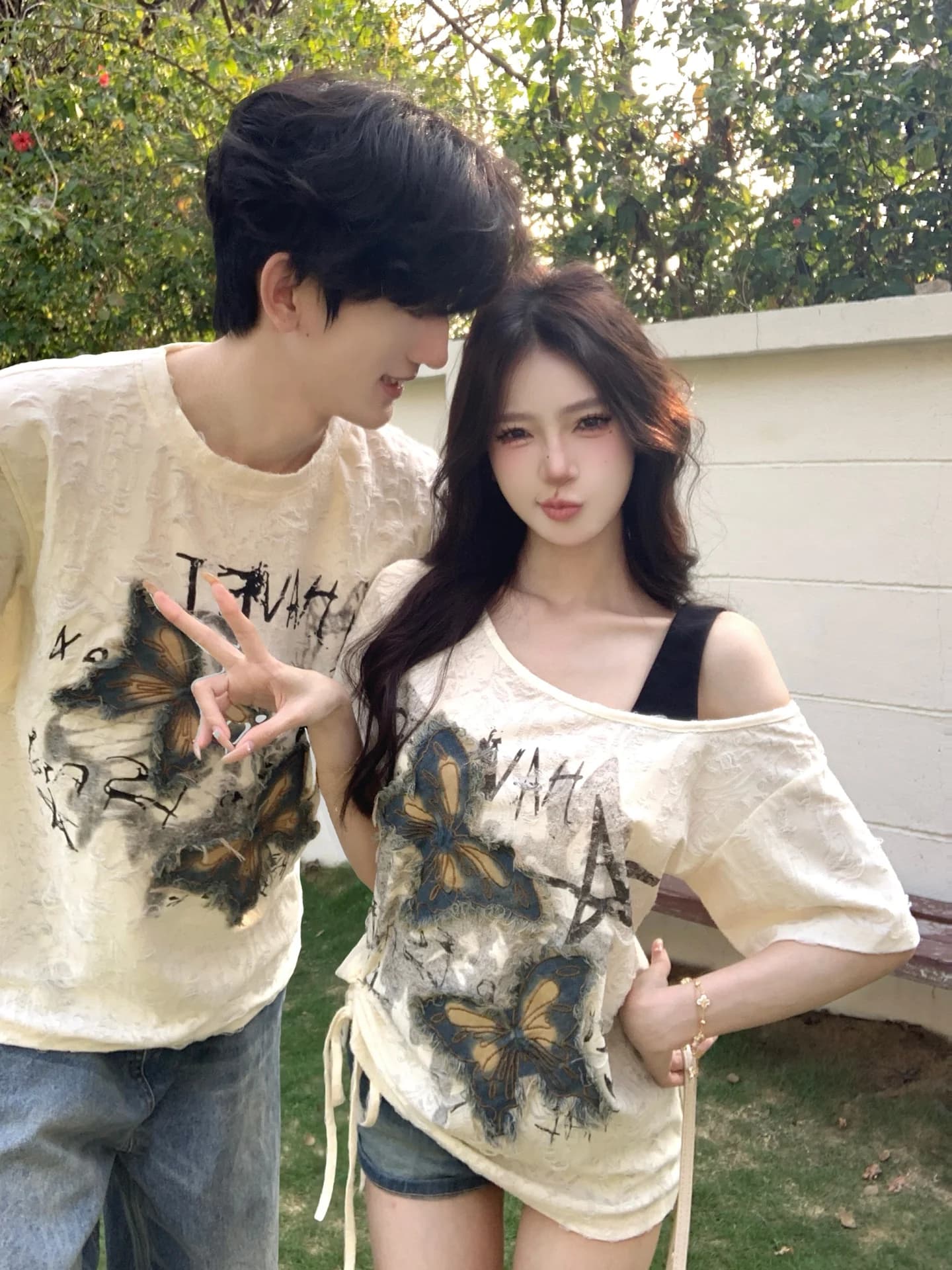American Style Short Sleeve T-Shirt Drawstring Exposure Diagonal Shoulder Lazy Style Unisex Summer Cool Sweet Coupl...