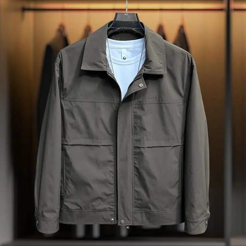 Spring 2026 Men's Slim Fit Collared Administrative Fashionable Jacket Casual Stylish Versatile Zipper Closure Long Sleeve Coat