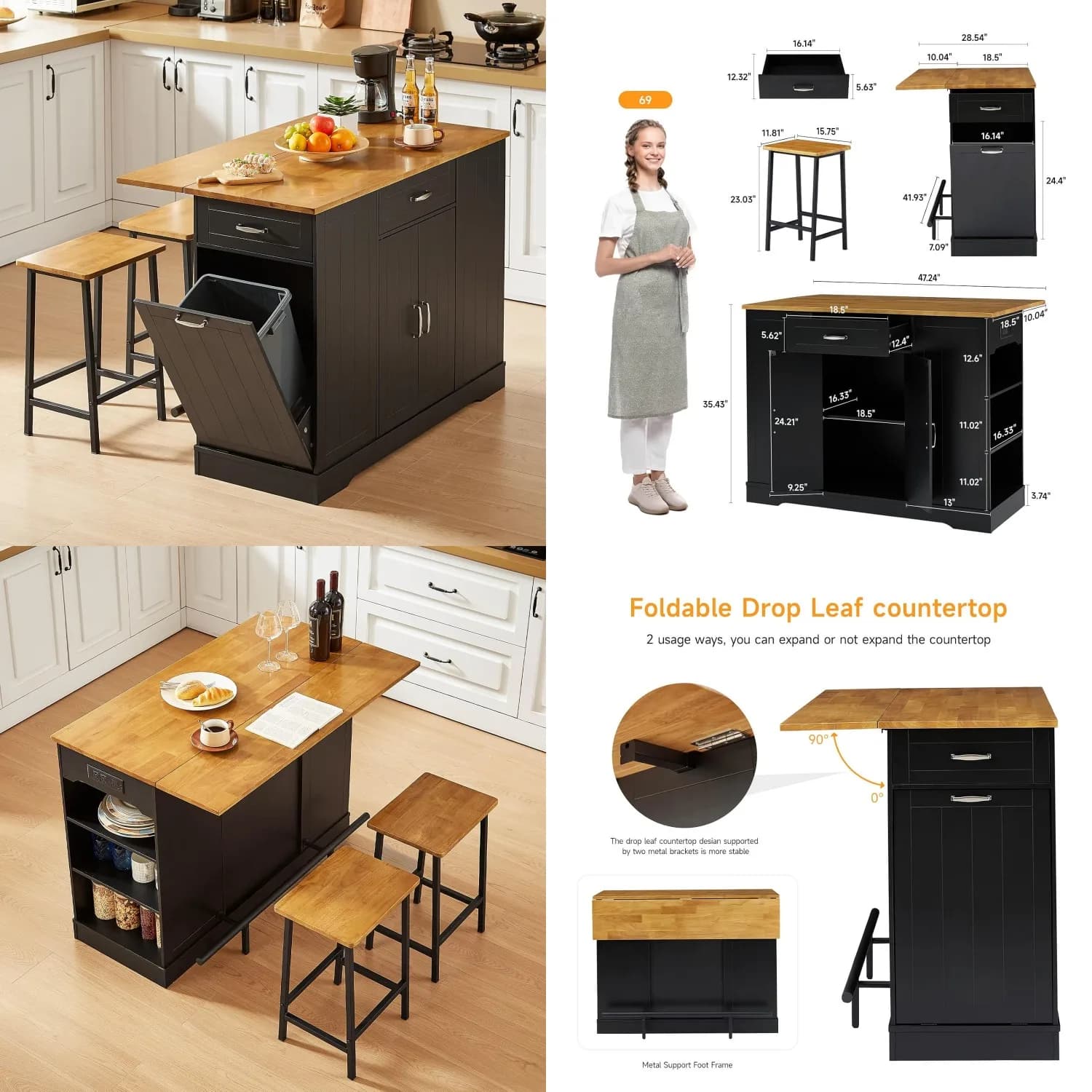 Set Isola Cucina 47'' con Piano Ribaltabile, 2 Sgabelli, Porta Spezie, Mobiletto Rifiuti e Presa di Corrente, Tavolo da Pranzo/Bar, Personalizzabile