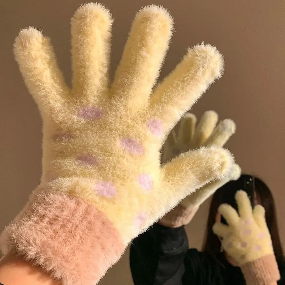 Sweet Furry Knitted Gloves Touchscreen Wool Knit Five-Finger Gloves Thickened Thick Warm Gloves Outdoor