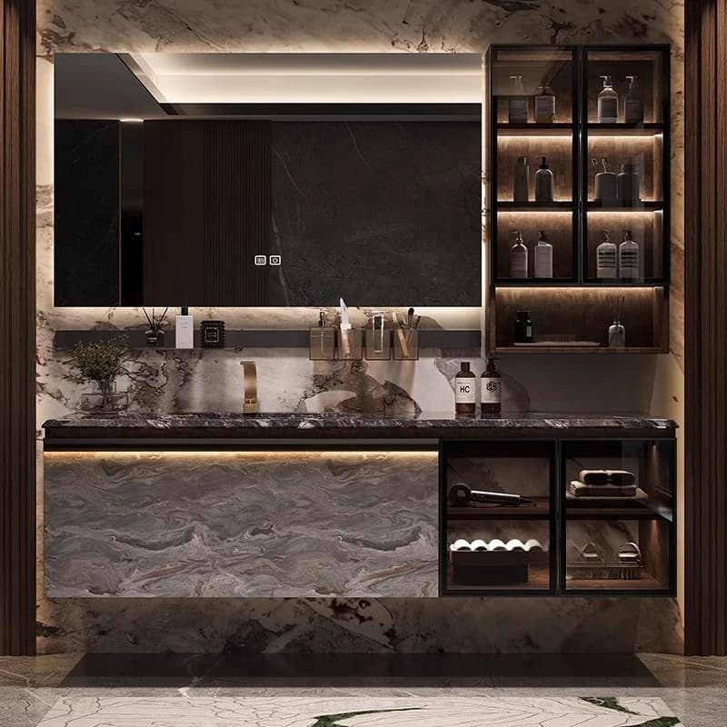 Mobiletto da bagno Orner con specchio sopra il WC, organizer per profumi e prodotti per la cura della pelle, mobiletto per lavabo, arredamento di tendenza.