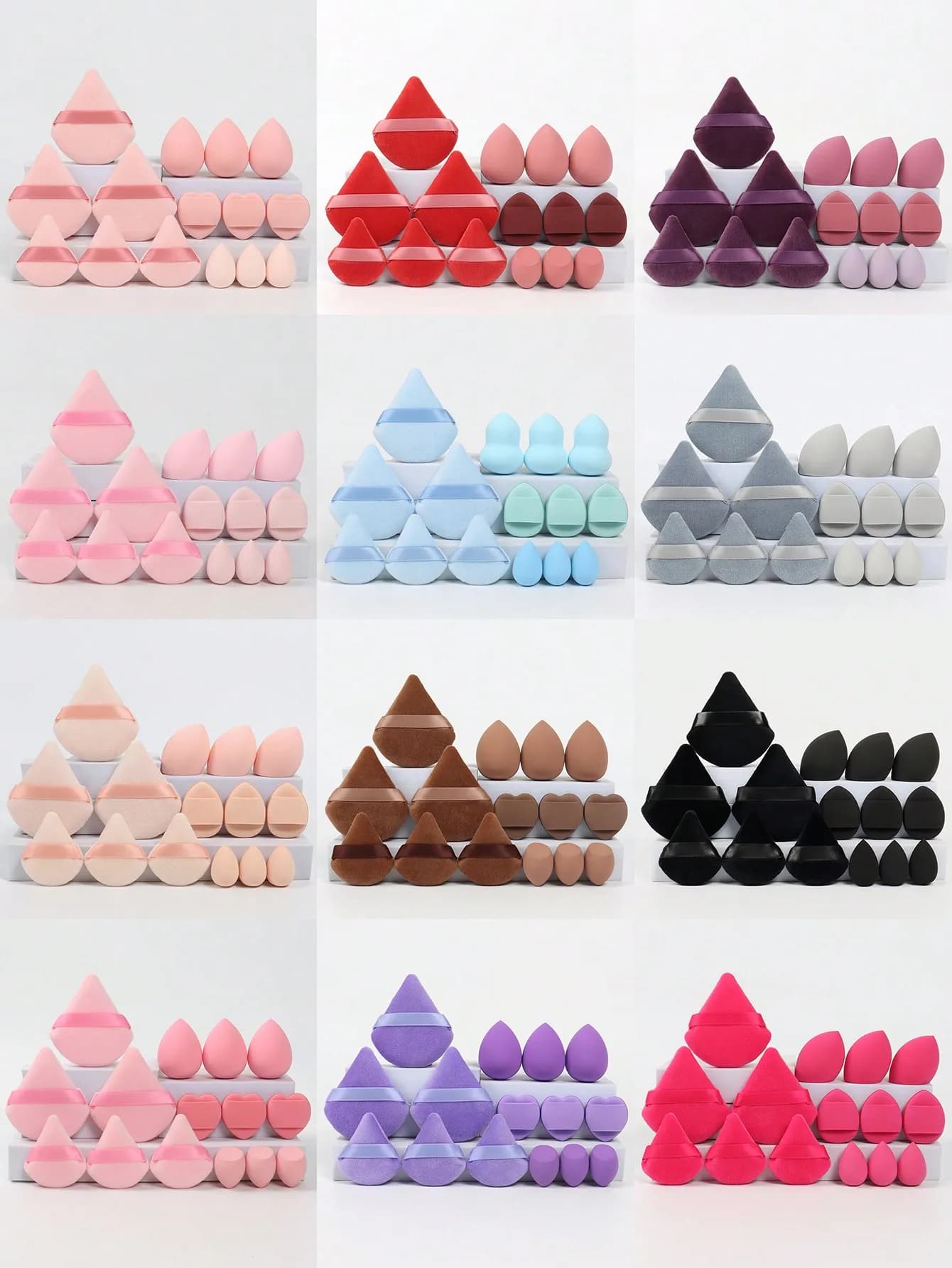 Set di 15 strumenti per il trucco, inclusi 3 piumini per la polvere, 3 mini piumini per la polvere, 3 spugne per il trucco, 3 mini spugne per il trucco, 3 mini piumini per il trucco con cuscino d'aria, spugna per miscelare il fondotinta, spugne per il trucco liquido, in crema e in polvere, spugne per il trucco multicolore, senza lattice