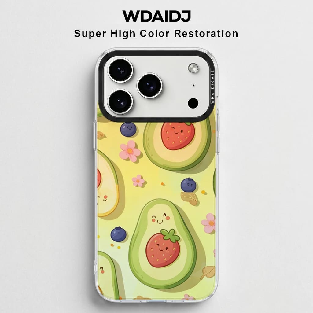 Cover Trasparente Anti-Caduta Kawaii con Stampa Avocado, Fragola e Mirtillo su Sfondo Giallo per iPhone 17 16 15 14 13