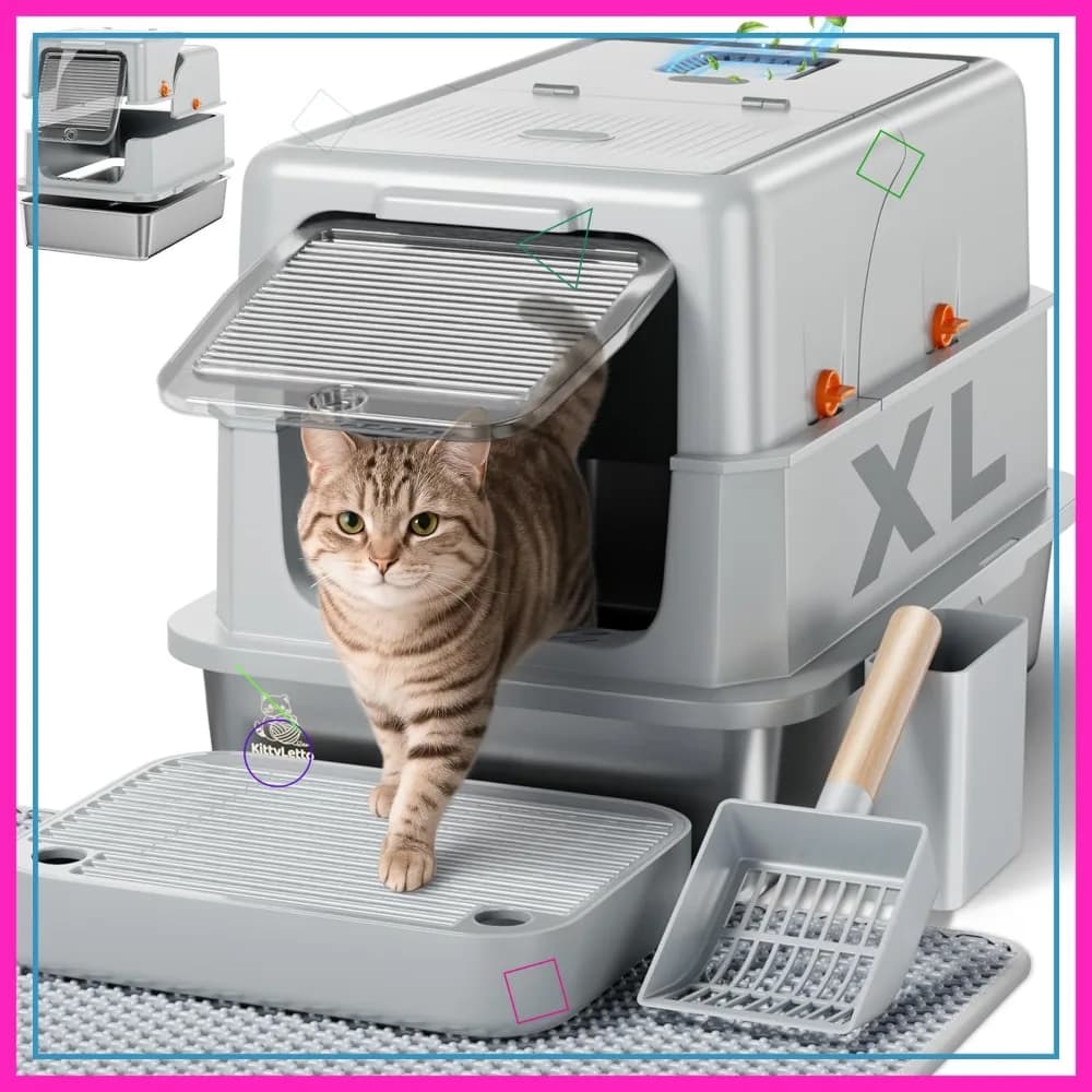 Lettiera per Gatti XL in Acciaio Inossidabile con Coperchio, Lettiera Chiusa Anti-Perdita, Configurabile in 4 Modi, Include Tappetino