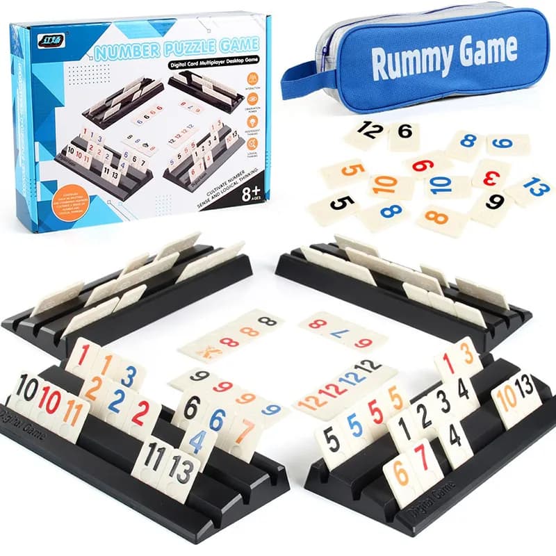 Rummy Cube Game with 4 Racks 106 Rummikub Digital Game Rummybrix Chess Number Pairing Board Game Mini Mahjong Tiles for Camping