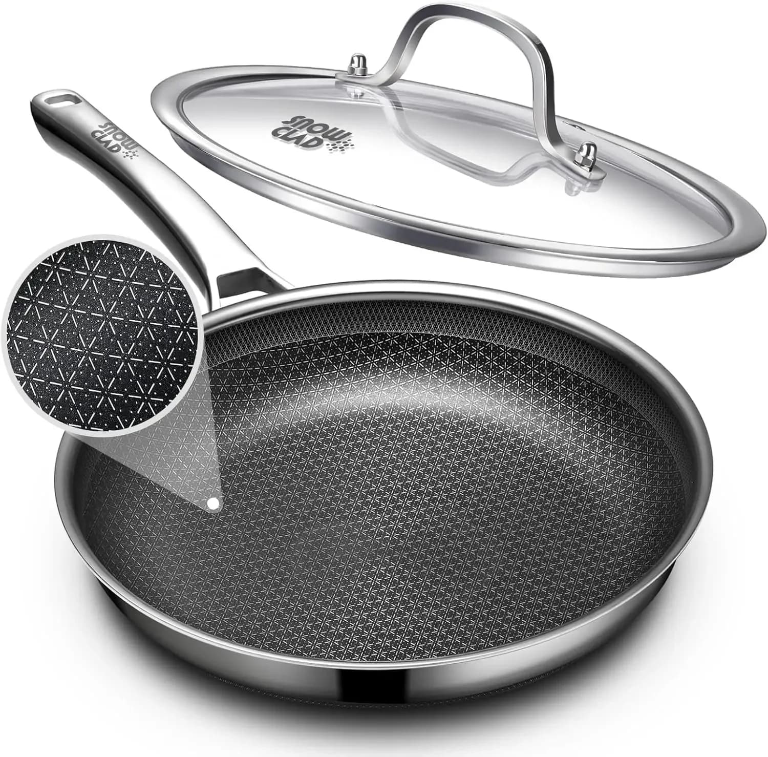 12-Inch Non-Stick Frying Pan with Lid, Hybrid Stainless Steel Skillet, Dishwasher & Oven Safe, PFOA Free Cookware