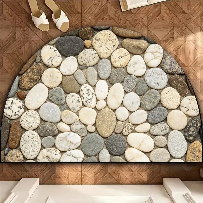 VIKAMA Marble Pebble Bath Mat, Semi-Circle Natural Stone Non-slip Bathroom Shower Rug