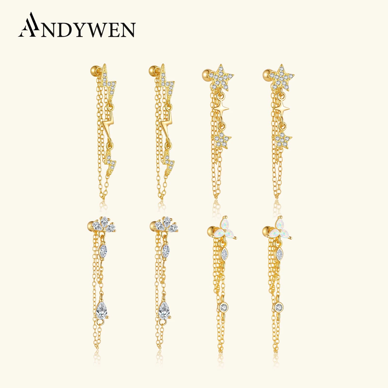 ANDYWEN 925 Sterling Silver Star Lightning Tassel Drop Earrings Set with Zircon Opal Stackable 2025 Fashion Women Jewelry Gift