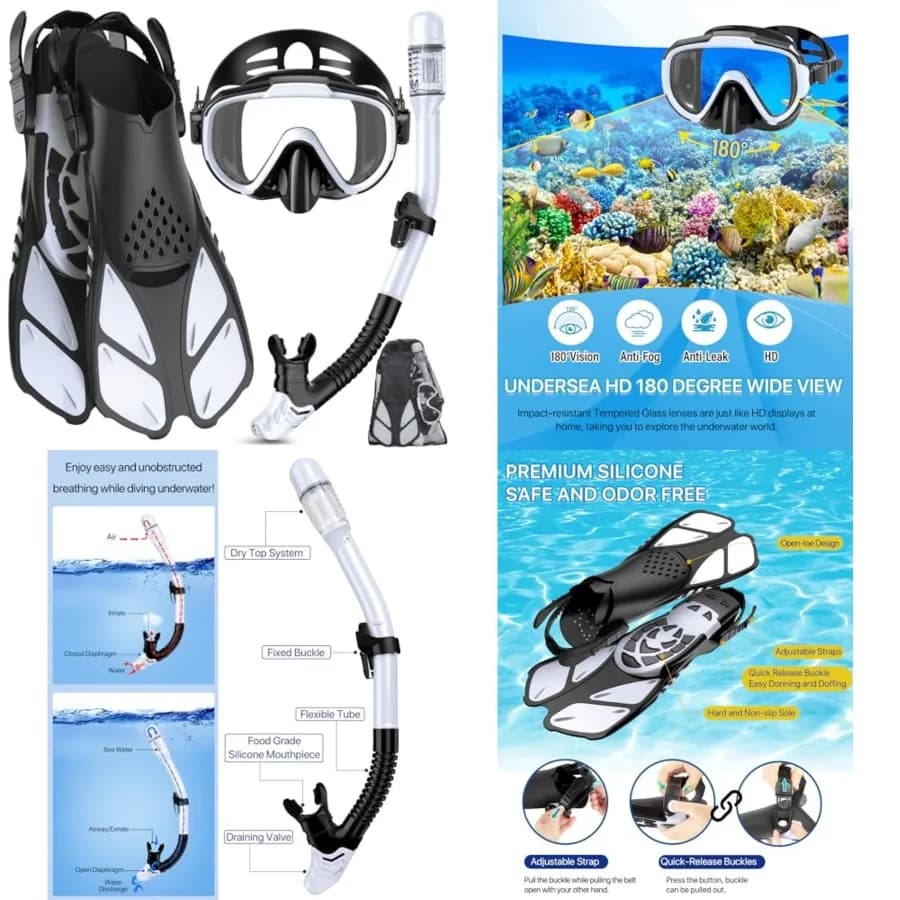 Attrezzatura per Snorkeling per Adulti, Uomini e Donne, Set Snorkel 4 in 1 con Maschera Panoramica Antiappannamento e Antinfiltrazione, Boccaglio Dry Top, F
