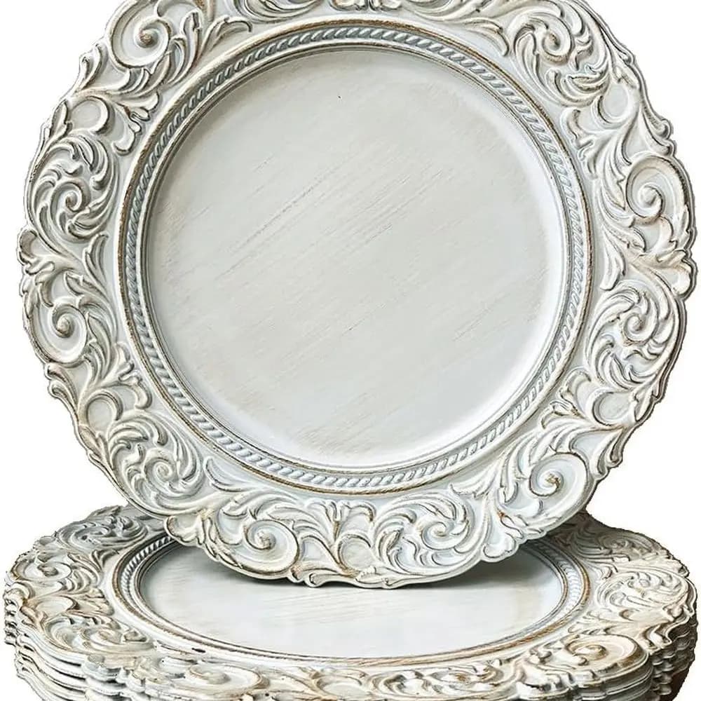 Piatti caricabatterie antichi, caricabatterie per piatti piani bianchi da 13 pollici, articoli per server rotondi. Set di 6 caricabatterie in plastica goffrata per cena, Par