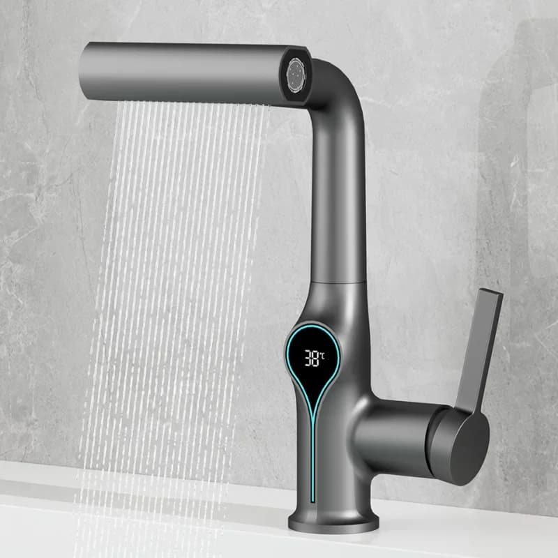 Rubinetto per lavabo con display digitale a temperatura, spruzzatore a 4 funzioni, cascata, miscelatore per lavabo, acqua calda e fredda, per bagno