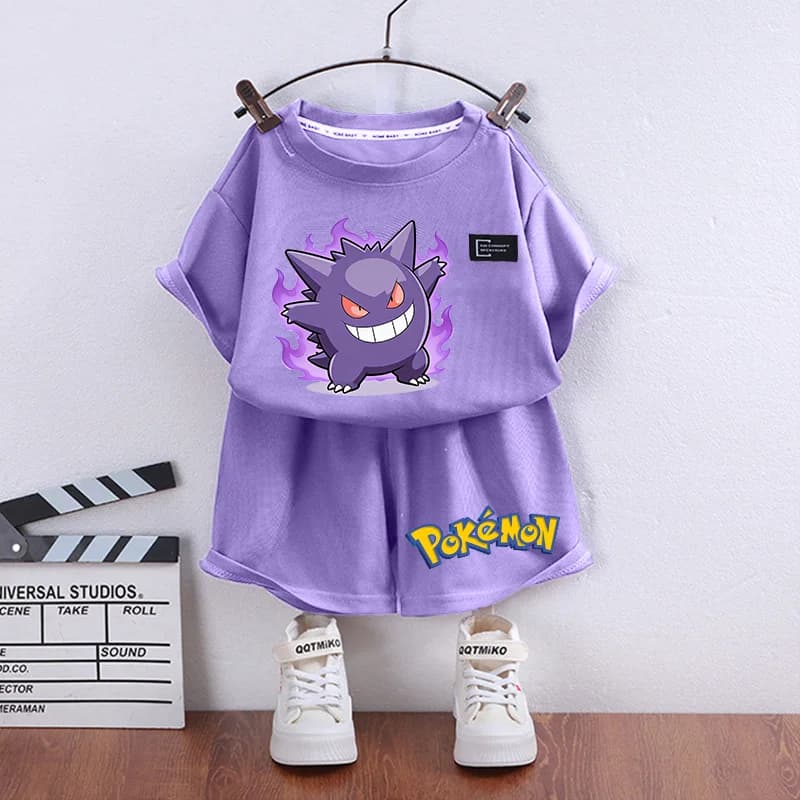 Set 2 Pezzi Pokemon: Maglietta a Maniche Corte e Pantaloncini Estivi in Tessuto Waffle, Stampa Cartone Animato Gengar Charmander, Regalo di Compleanno