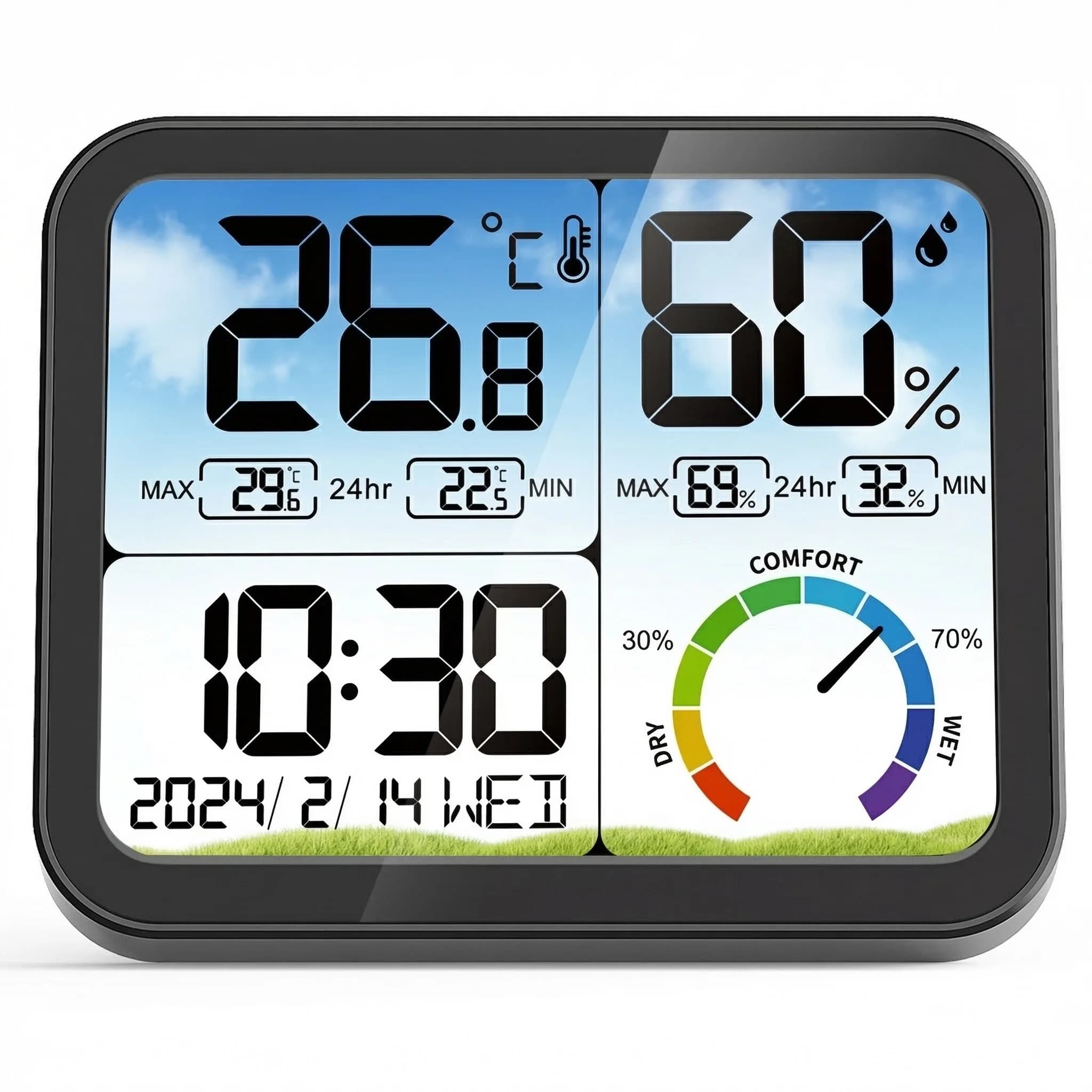 Home Thermometer Hygrometer Digital LCD Temperature Humidity Monitor with Clock Calendar Indoor Desktop Weather Station