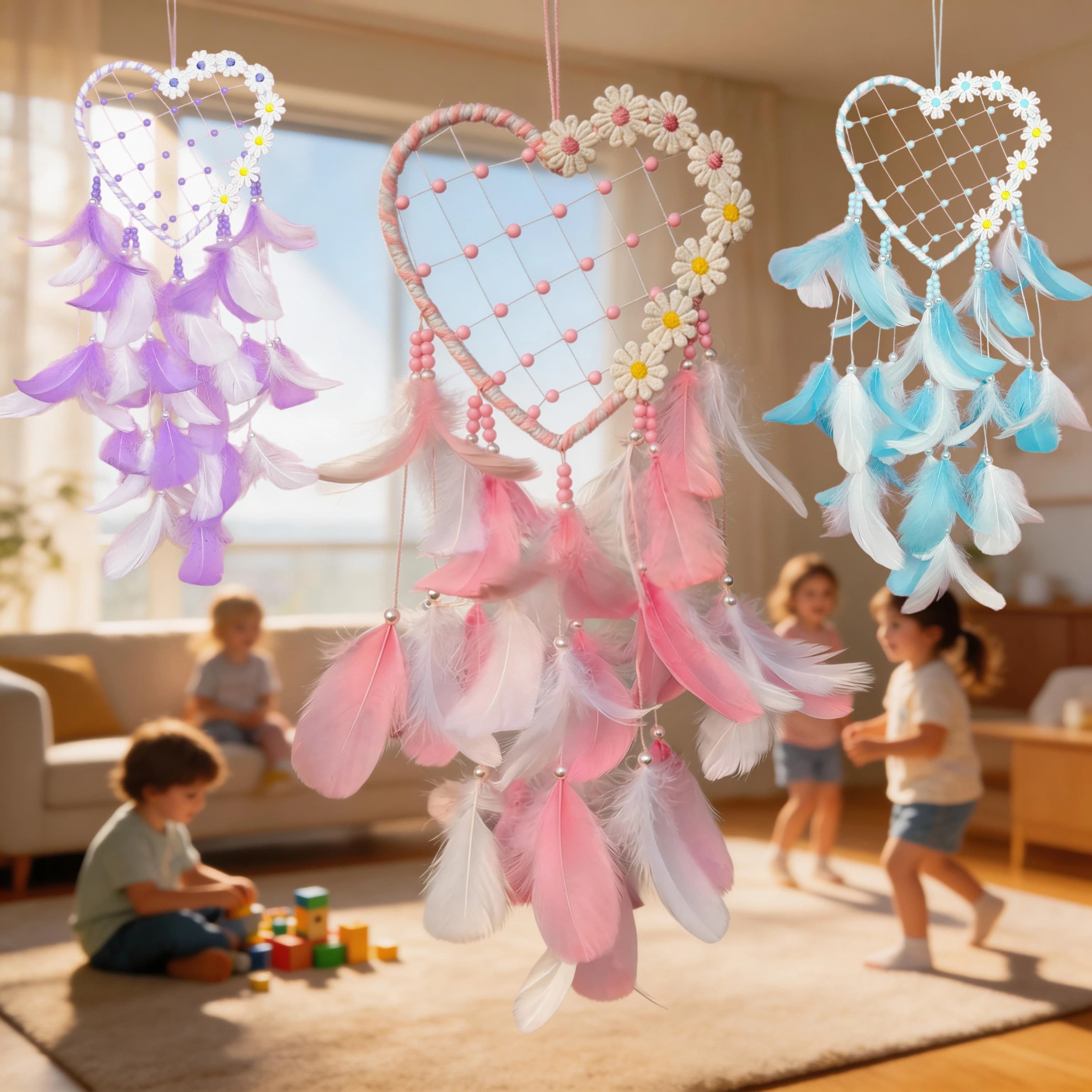 Cute Heart & Daisy Dream Catcher, Feather & Bead Wall Decor for Girls Bedroom, Kids Nursery, Party and Home Decoration