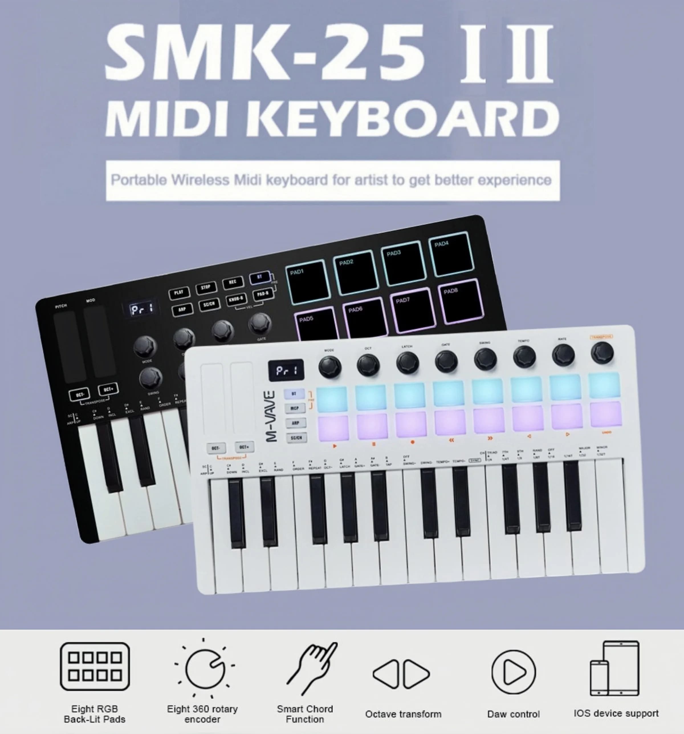 M-VAVE SMK-25 II Controller MIDI Pad Tastiera USB Mini 25 tasti, 16 batterie RGB, 8 manopole e produzione musicale, software incluso