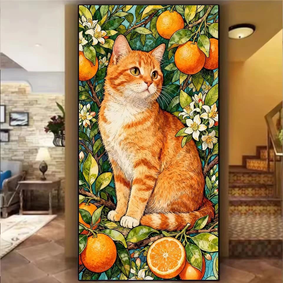 Pittura Diamante Fai da Te Paesaggio con Gatto e Albero Arancione, Mosaico Diamantato Completo Quadrato e Rotondo, Animali, Nuova Collezione, Decorazioni per la Casa