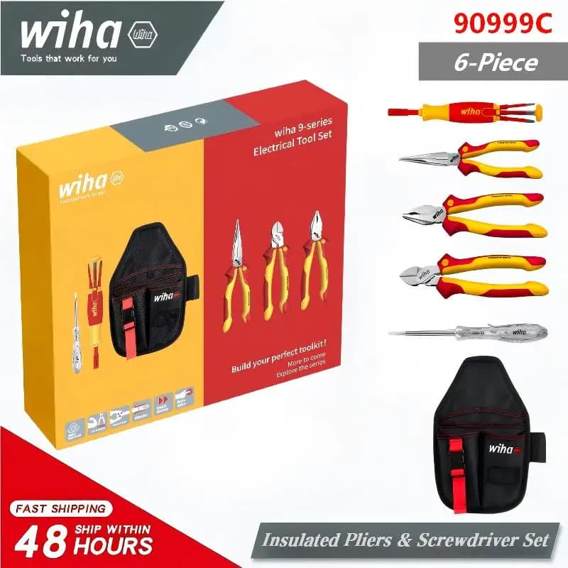 VDE WIHA 90999C Isolated Tools Set (6 Pieces) – Pinze and Screwdriver Kits for Electricians with Professional Safety Belt Case