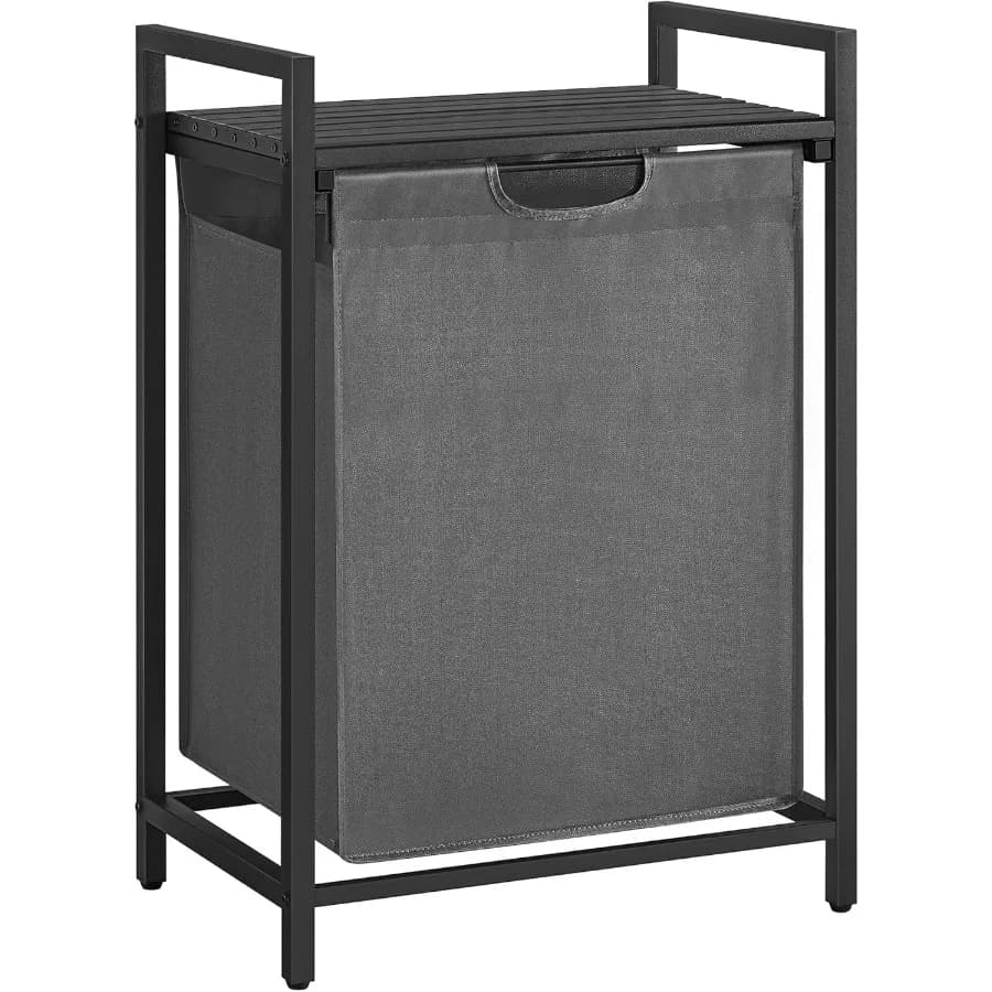 Bed linen basket with removable bag and removable shelf Removable basket with metal frame resistant for sorting of linen 17,2 gallons 65 L 19