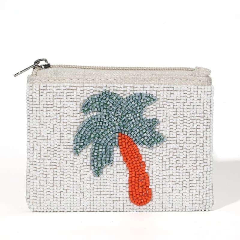 Beaded Embroidered Coin Purse,Women Bohemian Banana Coconut Tree Pattern Wallet, ID Card Holder,Zipper Closure Passport Cover