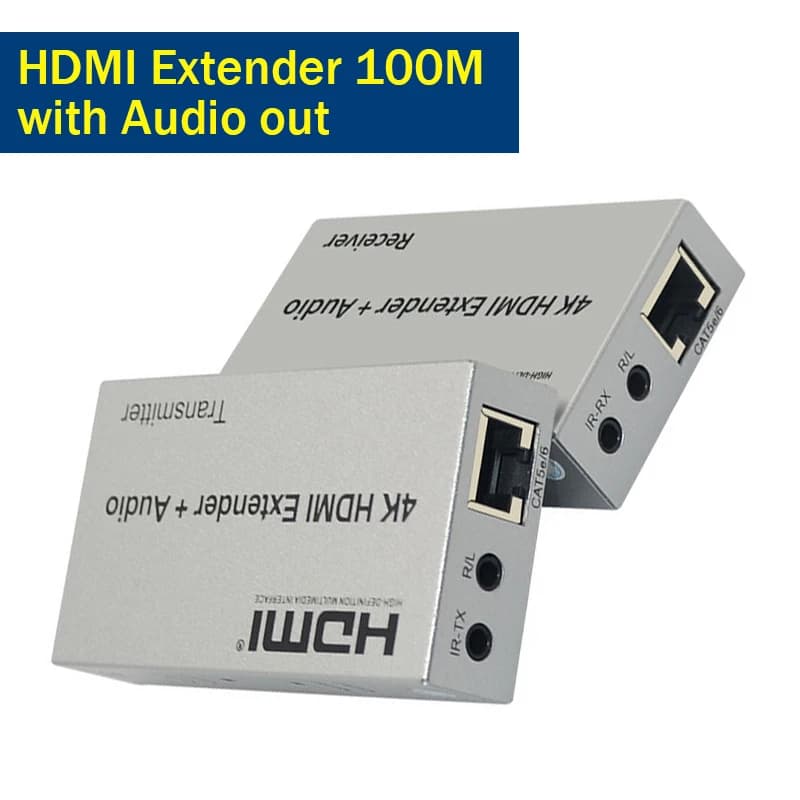 Extender HDMI 4K 100M with R/L audio output on Cat5e/6 cable, HDMI RJ45 Ethernet audio video extender for DVD, laptop, PC, TV, monitor