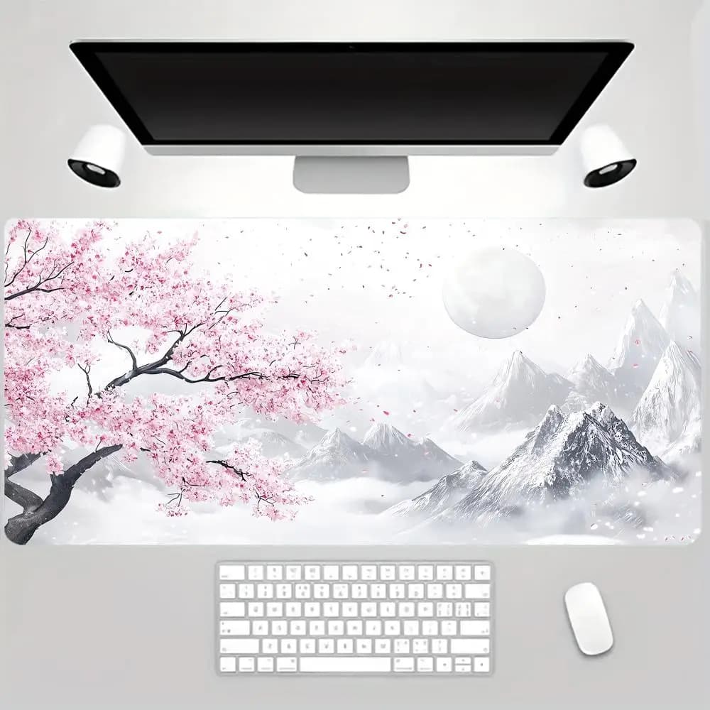 Non-slip Rubber Base, Pink Cherry Blossom & Snow Mountain Extended Gaming Mouse Pad