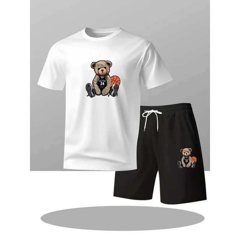 Completo estivo da uomo: T-shirt versatile casual a maniche corte e pantaloncini traspiranti, set due pezzi stile hip-hop con orsetto alla moda.