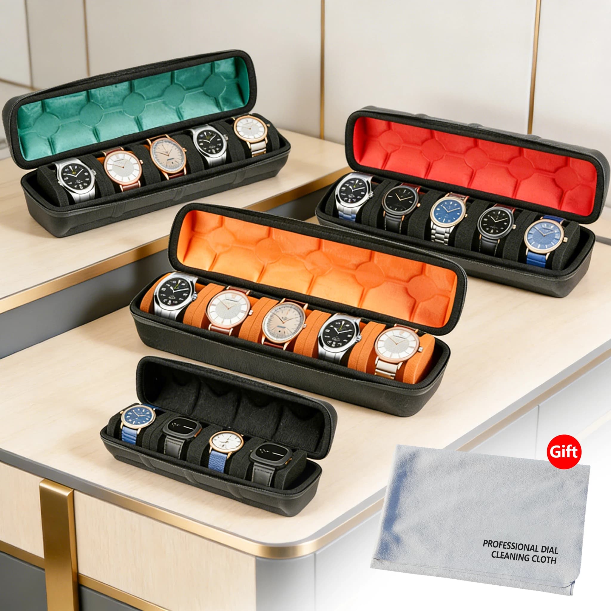 Custodia per orologi a 5 scomparti (1 pezzo) | Organizer da viaggio rigido con inserto per cuscino - Pronto per il regalo (Nero), adatto per riporre smartwatch