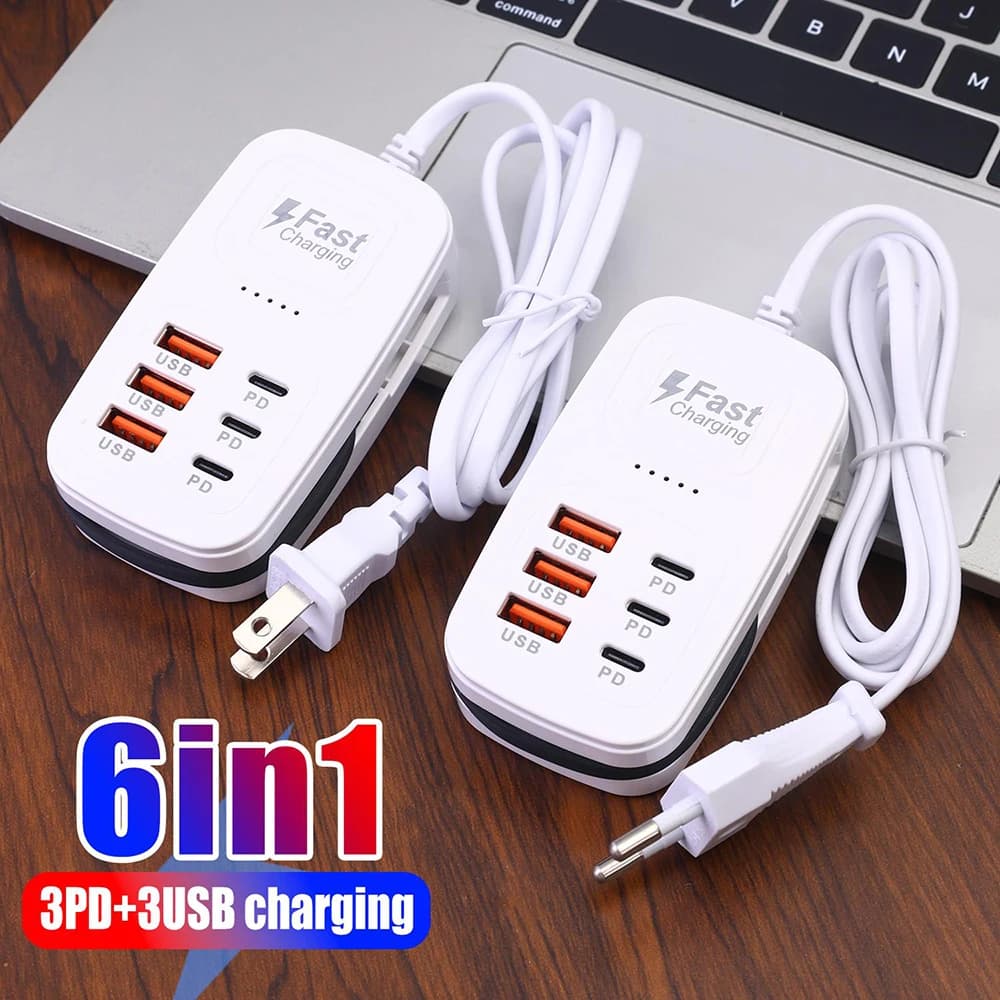 6 Port USB Fast Charger Power Strip Desktop Station 3 Type C 3 USB Hub Adapter Socket EU UK US Plug for Smart Phones Tablet