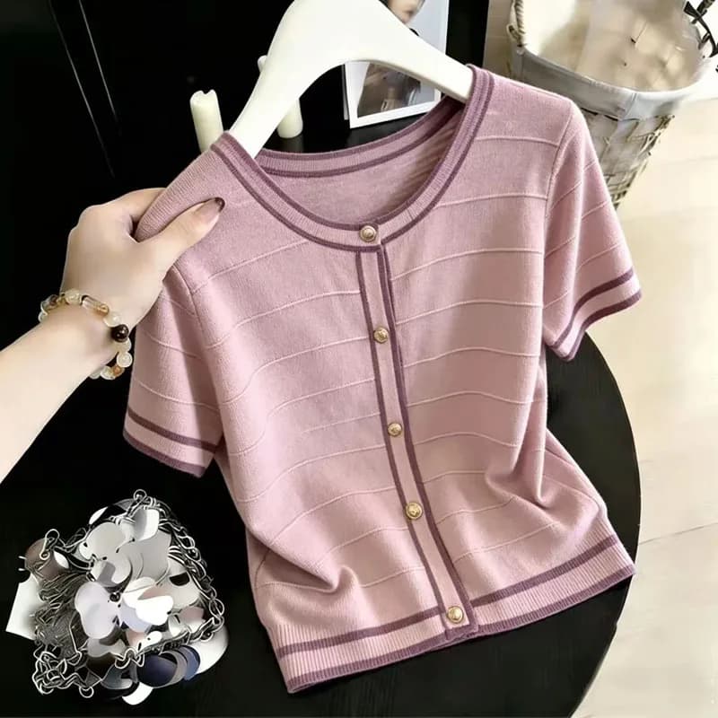 Women Clothing Short Sleeve Knitted Sweater Women Pullovers Fashion Summer O-Neck Spliced Knit Sweater Pullover Women Tops Q4590