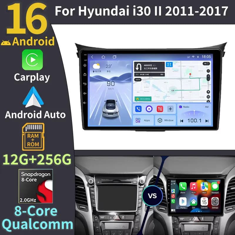 Autoradio Android 16 per Hyundai i30 Elantra GT 2012-2017 con Carplay, Video, Multimedia, GPS e Bluetooth