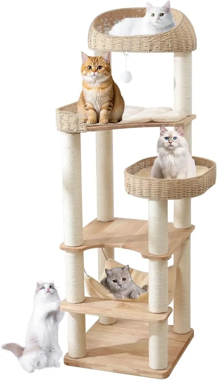 Albero per Gatti in Legno Massello da Interno, Alto 62 Pollici, con Cesto Intrecciato a Mano e Amaca, Facile da Pulire