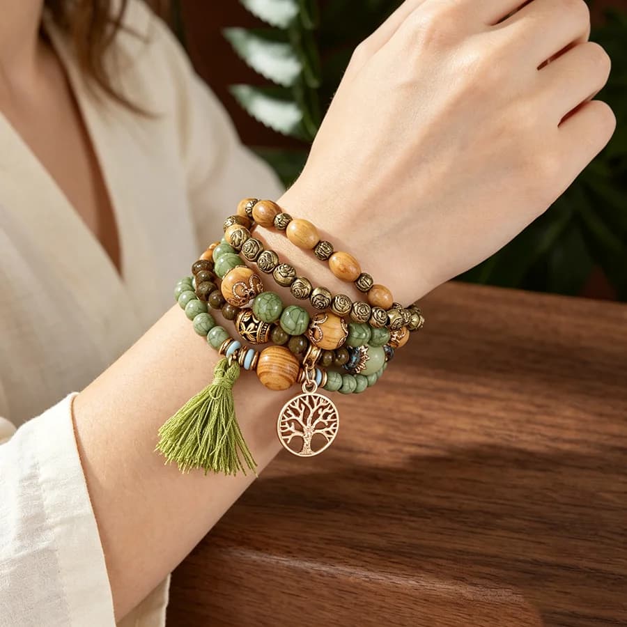 4Pcs Boho Bohemian Wooden Bead Bracelet Set for Women, Tree of Life Tassel Stackable Bracelets, Elastic Stretch Lightweight for Daily Wear, Holiday Gift