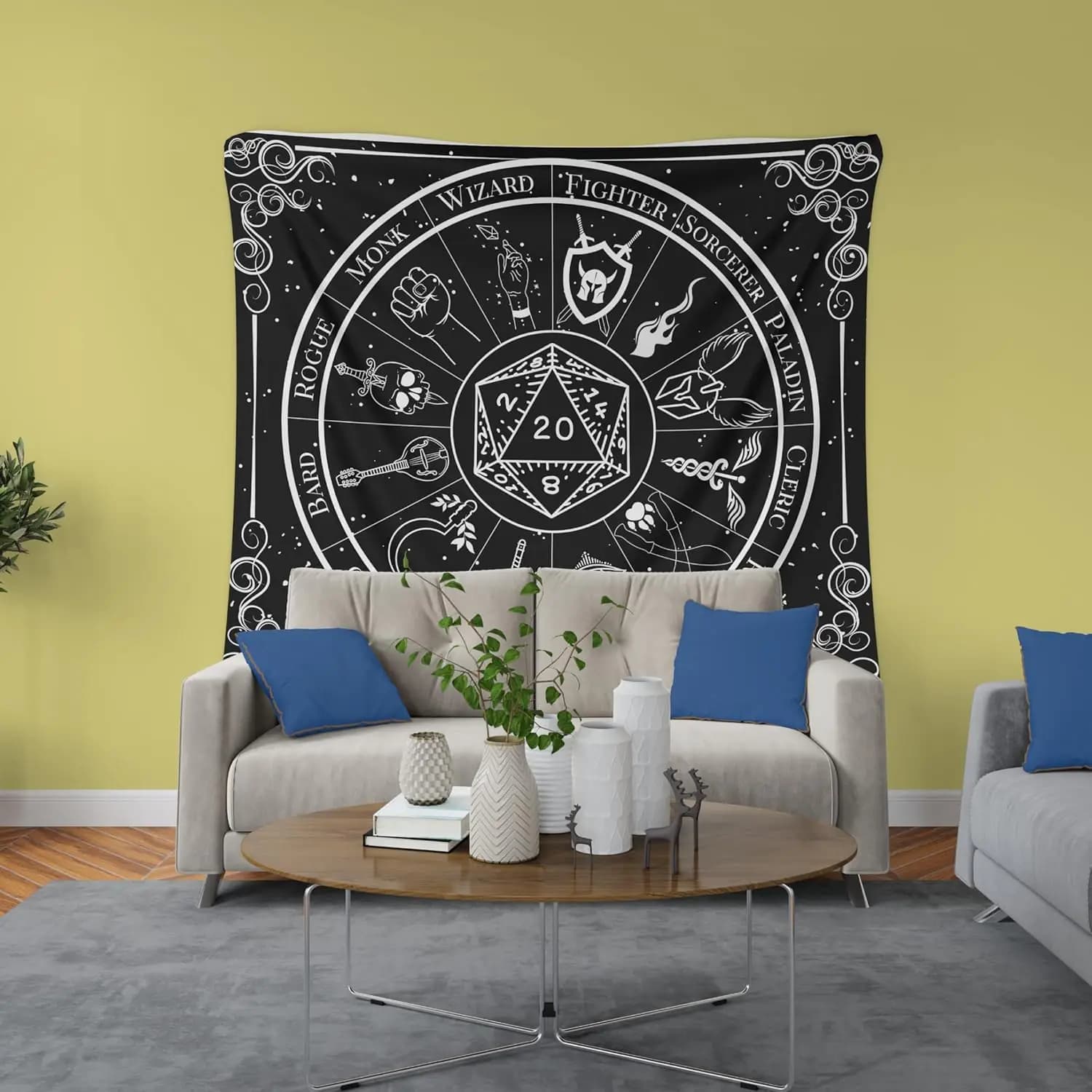 Fantasy Indoor Wall Tapestry, DND 5e Black and White Dungeons and Dragons Class Custom Zodiac Astrology Home Wall Decor