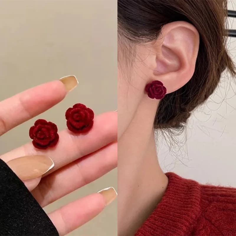 Vino rosso floccato fiore velluto piccoli orecchini squisiti per le donne coreano bel temperamento gioielli signora brincos ragazza regalo