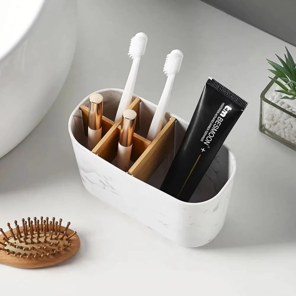 Multi-Slot Toothbrush Holder Plastic Toothpaste Storage Bamboo Toothbrush Holder Cosmetic Storage Bathroom Counter Organizer