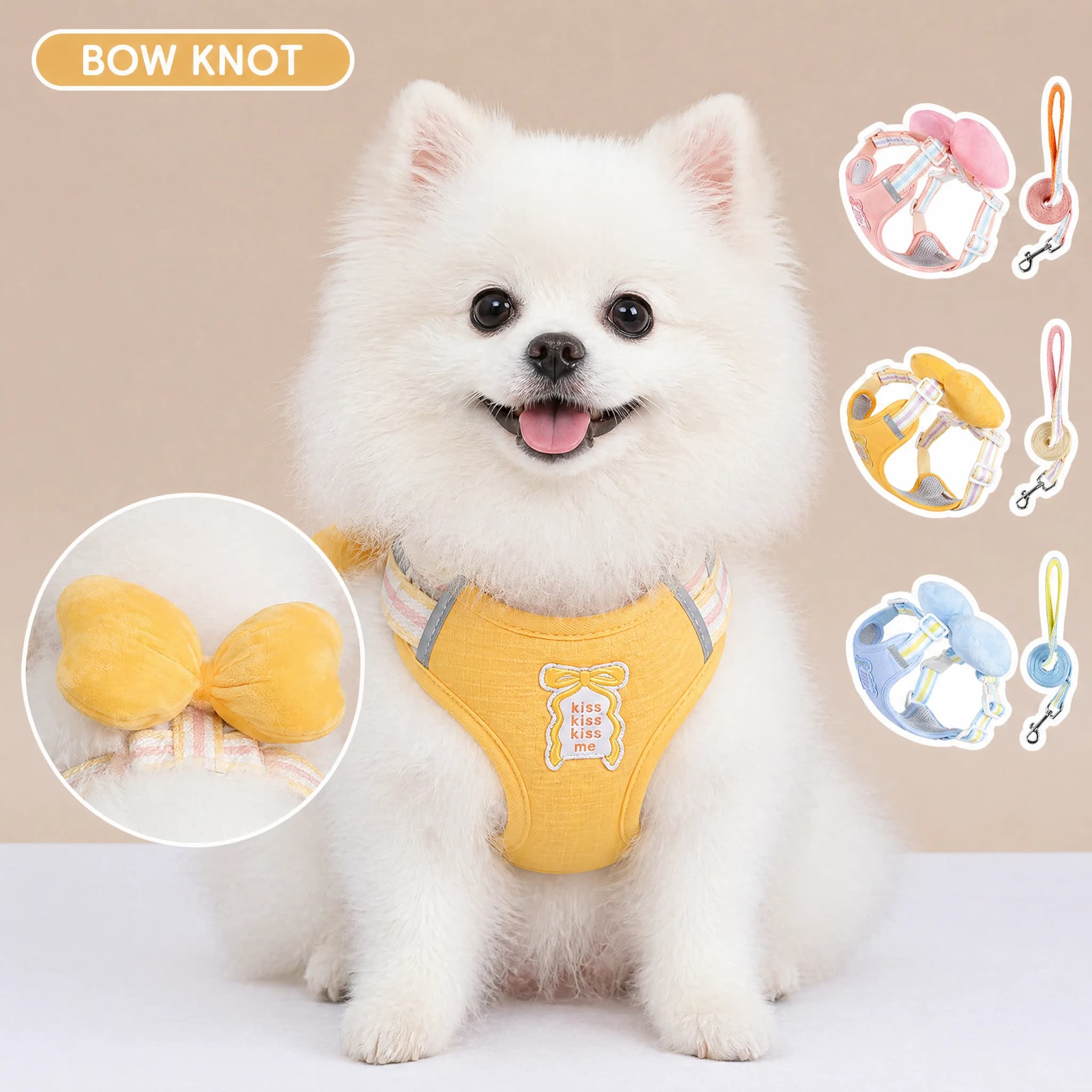 Set Pettorina e Guinzaglio 3D in Peluche con Fiocco, Simpatica Pettorina Staccabile con Fiocco per Gatti, Gilet Traspirante Regolabile per Cani