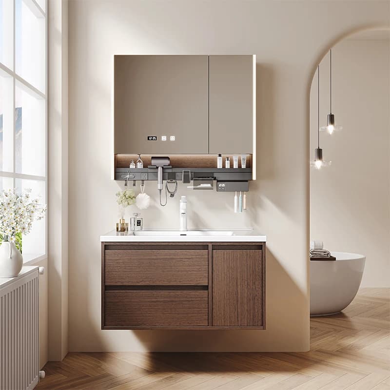 Mobiletto a Specchio, Armadietto da Bagno Multifunzione Vintage in Compensato con Porta Spazzolino, Porta Asciugacapelli e Specchio con Presa Elettrica