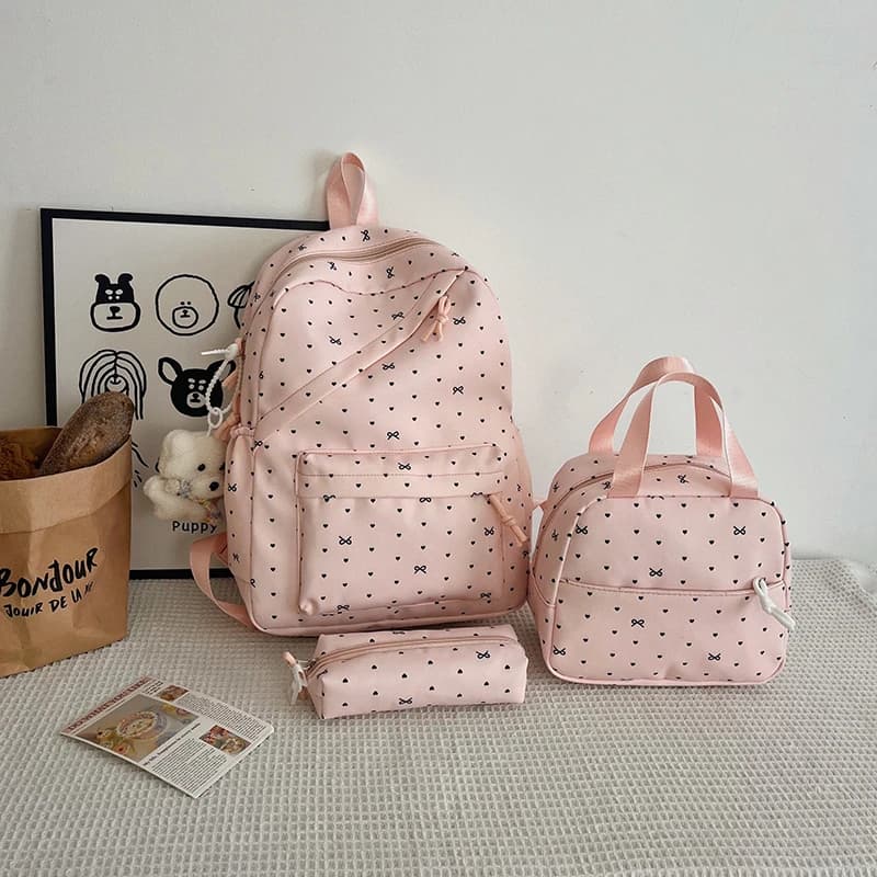 Set Zaino Blu Chiaro con Stampa Cuori e Fiocchi, Borsa Scuola Impermeabile 3-in-1 con Porta Pranzo e Astuccio, Zaino Casual per Ragazze