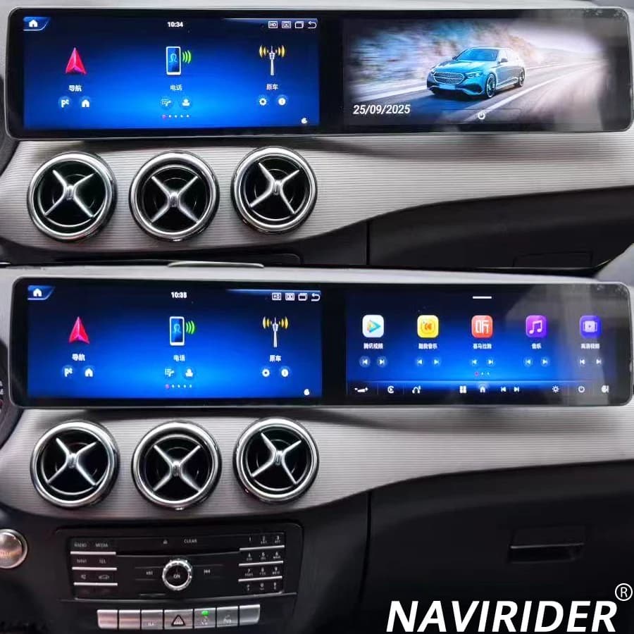 Autoradio Bluetooth 128GB con GPS e Carplay per Mercedes Benz B 2013-2018, 12.3 pollici + 12.3 pollici, Android 15, LHD RHD, BT, Stereo a Doppio Schermo