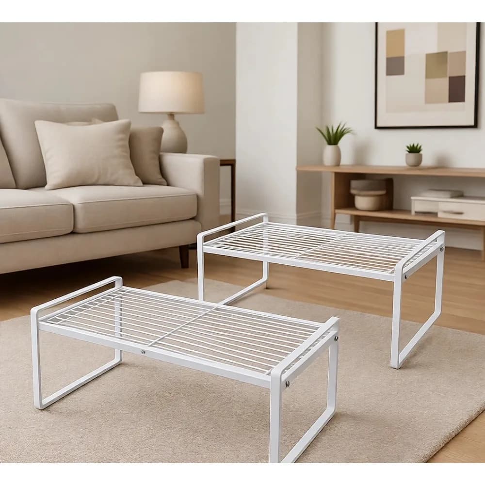 Organizer for 2 shelves Stackable for Wardrobe, Spacious for Kitchen, Separate, Bathroom, Office, White Metal Shelf