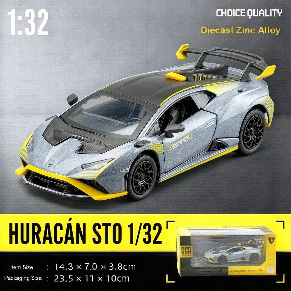 CCA 1:32 Lamborghini Huracan STO Diecast Model Car Pull Back Toy Vehicle with Opening Doors Zinc Alloy Body Kids Gift Collection